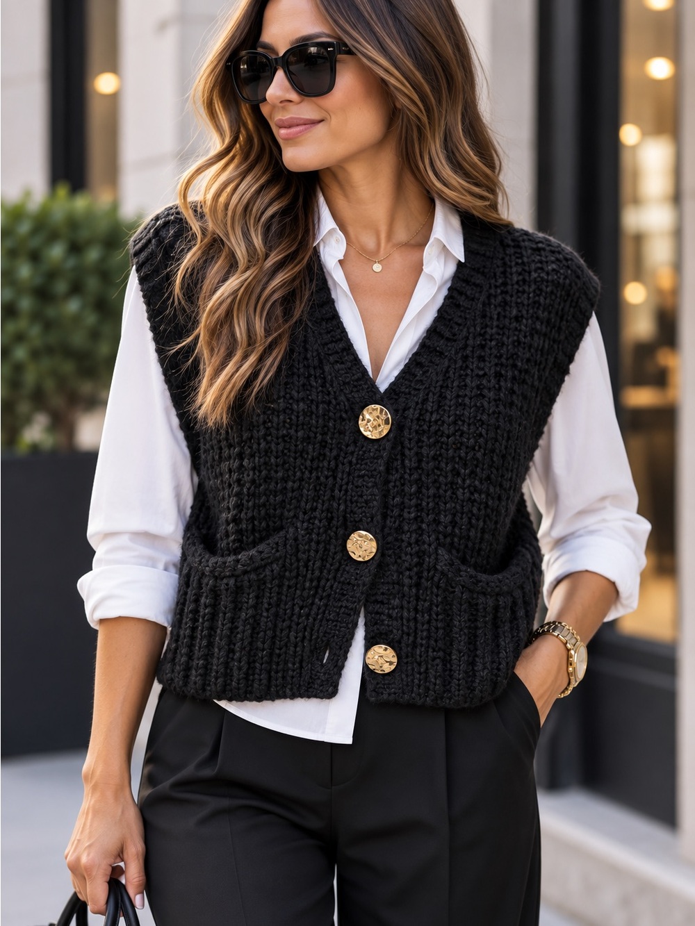 ShopEvelynne Black Chunky Knit Button-Front Vest with Gold Buttons